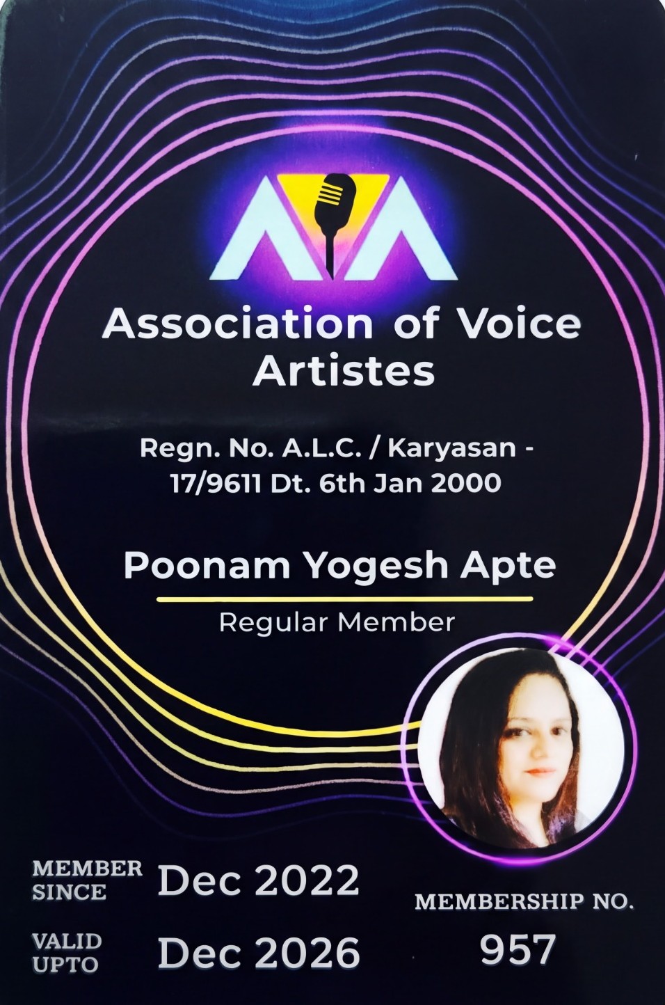 Poonam Apte Association of Voice Artistes membership card